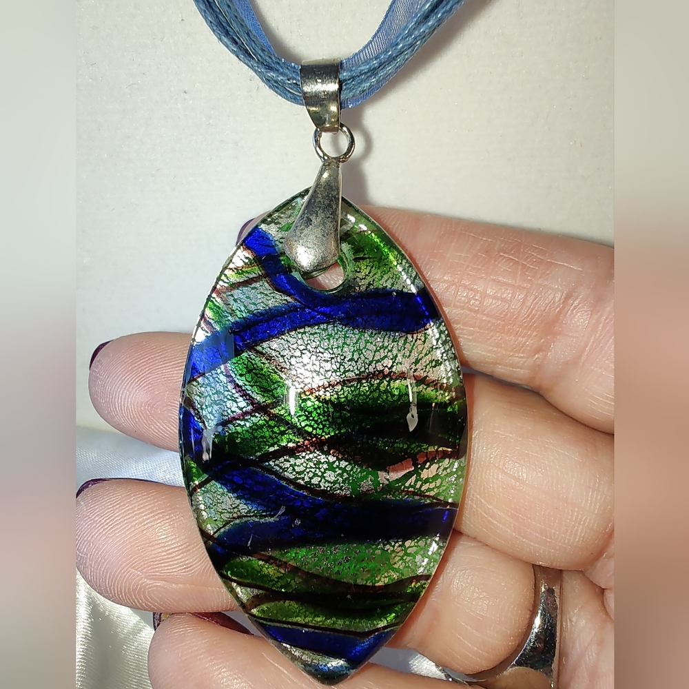 ✨Vintage Murano Style Blue, Green & Silver Eye Shaped 12KT GP Bale Necklace